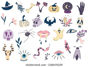 Halloween big set. Skulls, flowers, pumpkins, potions and magic items. Design for Halloween, invitation cards, greeting cards, printing. Vector cartoon illustration isolated on the white background