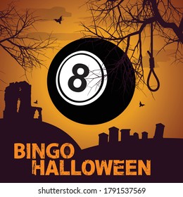 Halloween Bingo Creepy Spooky Background With Number Eight Black Ball Decorative Text And Silhouette Of Trees Graveyard Ruins And Bats