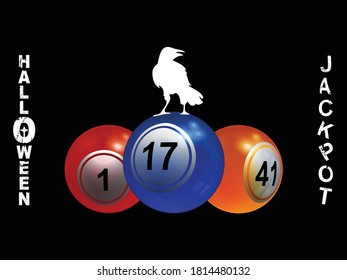 Halloween Bingo Lottery Balls With White Crow Silhouette And Decorative Halloween Jackpot Text Over Black Background