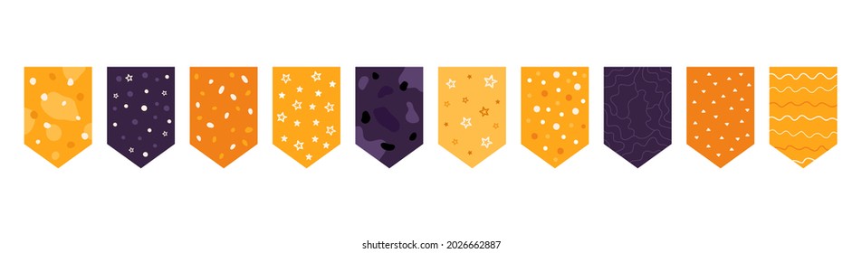 Halloween, birthday flags garlands template. Decor for party. Hand drawn different patterns. Set of buntings. Vector illustration.