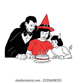 Halloween Birthday Party Illustration Witch Vampire and Devil Celebrating