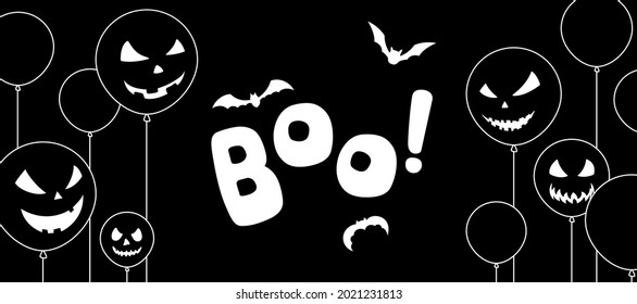 Halloween black background with balloons and bats silhouette, lettering boo.