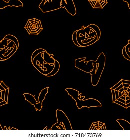 Halloween black background with orange witch hat, bats, web and pumpkins silhouettes festive seamless pattern. Endless background. Vector illustration.