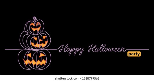 Halloween black background with pumpkin stack. One continuous line drawing with text Happy Halloween party. Black vector background, web banner, poster.