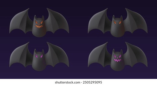 Halloween black bat flying with wings. Cartoon demon vampire dracula scary animal with evil glowing smile and eyes. Demonic character spooky party costume 3d render horror set. Boo lantern decor.