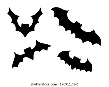 Halloween black bat icon set. Flying fox night creatures illustration. Silhouettes of flying bats traditional Halloween symbols on white. Vector background.