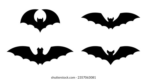 Halloween black bat icons set. Flying vampire silhouette. Horror, creepy and spooky animal. Terrifying character. Vector illustration isolated on white background.