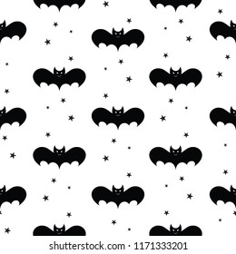 Halloween black bat seamless pattern. Silhouettes style. Vector illustration isolated on white background.