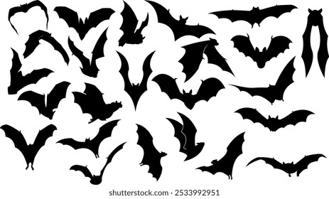 Siluetas de murciélago negro de Halloween volando. Conjunto de Colección dibujado a mano de Vector aislado sobre fondo transparente