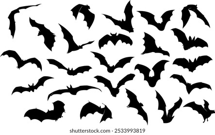 Siluetas de murciélago negro de Halloween volando. Conjunto de Colección dibujado a mano de Vector aislado sobre fondo transparente