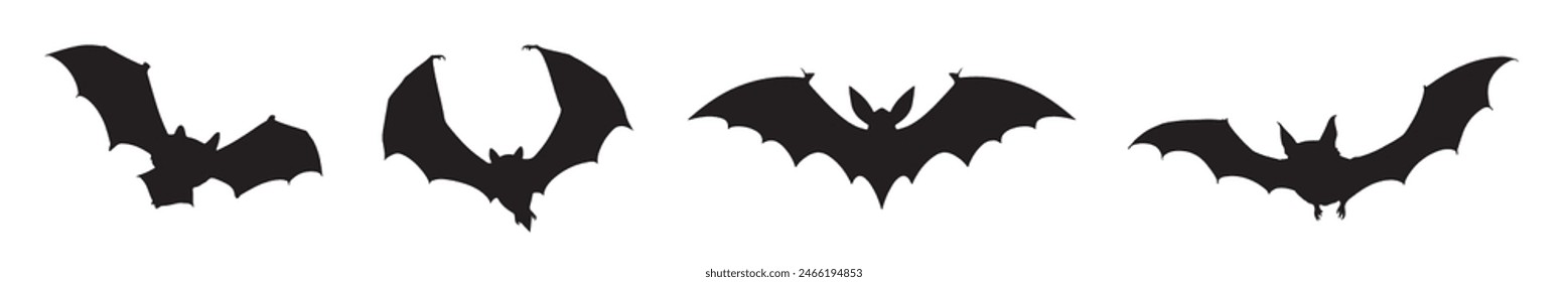 Siluetas de murciélago negro de Halloween conjunto aislado sobre fondo blanco. Ilustración vectorial Black Bat. Obra de arte Black Bat.