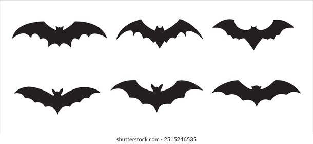 Halloween black bat silhouettes set, isolated on a white background. Black bat vector illustration, ideal for spooky decorations and Halloween-themed designs.