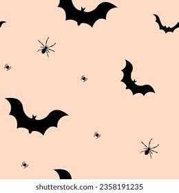 Halloween black bat and spider seamless pattern. Silhouettes style. Vector illustration  for Halloween.