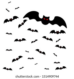 Halloween black bats flying icon on white background