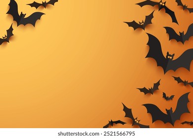 Halloween black bats flying over orange background