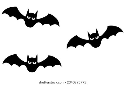 Halloween black bats flying silhouettes isolated on white background.