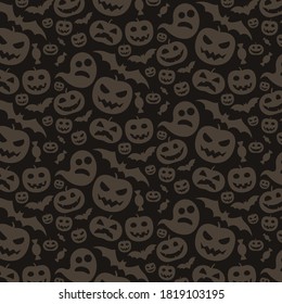 Halloween black and brown festive seamless pattern. Endless background with pumpkins,bats, candies, and joyful smile.