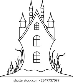 Halloween black castle clip art. Silhouette of house template line art. Vector illustration.