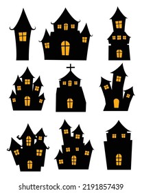 Halloween black castle isolated on white background. Haunted house cartoon silhouette.