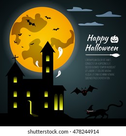 Halloween black castle on yellow Moon background. Gift card Happy Halloween. Vector illustration.