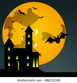 Halloween black castle on yellow Moon background. Gift card Happy Halloween. Vector illustration.