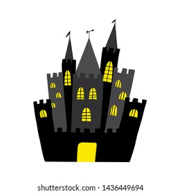 Halloween black castle with yellow windows. Vector illustration.