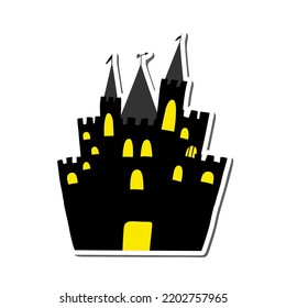 Halloween black castle with yellow windows Sticker with shadow. Vector illustration.