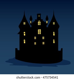 A halloween black castle with yellow windows. Vector illustration. Dark blue background