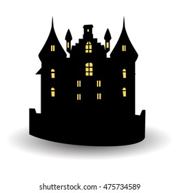 A halloween black castle with yellow windows. Vector illustration.