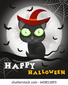 Halloween Black Cat Against a Moon Night Sky.