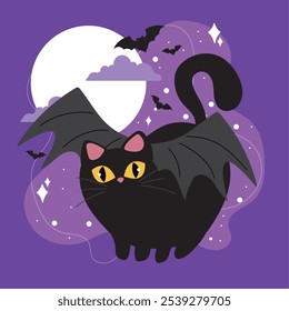 Gato negro de Halloween con las alas del murciélago delante de la luna llena y de los murciélagos, tema espeluznante, Ilustración vectorial