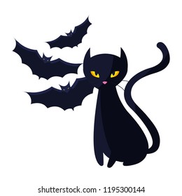 halloween black cat with bats flying