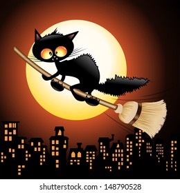 Halloween Black Cat Cartoon Flying on Witch Broom