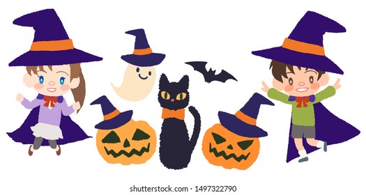 Halloween, black cat and child, ghost with pumpkin head