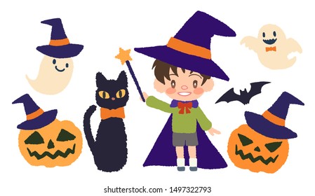 Halloween, black cat and child, ghost with pumpkin head