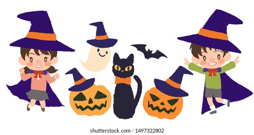 Halloween, black cat and child, ghost with pumpkin head