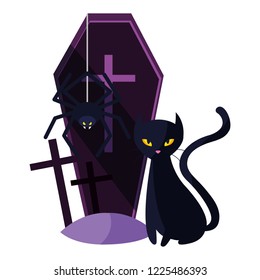 halloween black cat with coffin