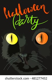 Halloween black cat with colored eyes. Halloween handwritten lettering. Vector illustration. EPS10