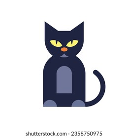 Halloween black cat creepy domestic animal magic character kids icon vector flat illustration. Cute mystic feline pet kitty horror mascot for autumn traditional holiday minimal symbol with tail paws