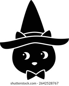 Halloween black cat face Silhouette.
Cute black cat head flat cartoon vector illustration.
Transparent background.