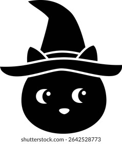 Halloween black cat face Silhouette.
Cute black cat head flat cartoon vector illustration.
Transparent background.