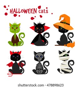 Halloween black cat fashion costume outfits. Dead cat skeleton and mummy pussy cat , zombie kitty and vampire cat vector illustration isolated on white