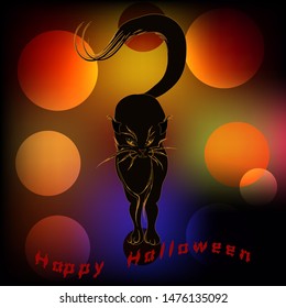 Halloween - black cat - festive dark background with bright balloons - illustration, vector. Happy halloween party.