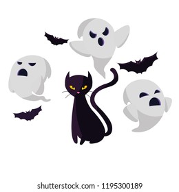 halloween black cat with ghost and bats