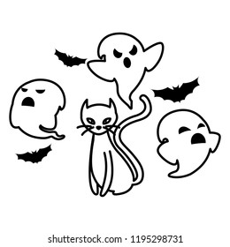 halloween black cat with ghost characters