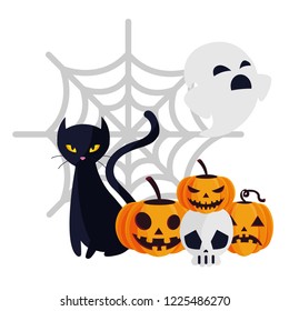 halloween black cat with ghost characters