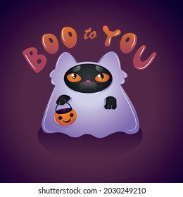 Halloween Black Cat Ghost Pumpkin Autumn Spooky illustration. Perfect for Halloween, party, autumn, decoration, textile design, background.