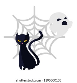 halloween black cat with ghost and spiderweb