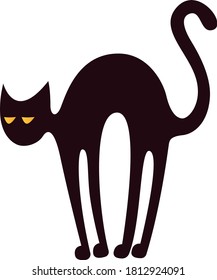 Halloween Black Cat With Glowing Yellow Eyes. Vector Flat Illustration On Isolated Background.