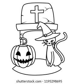 halloween black cat with gravestone
